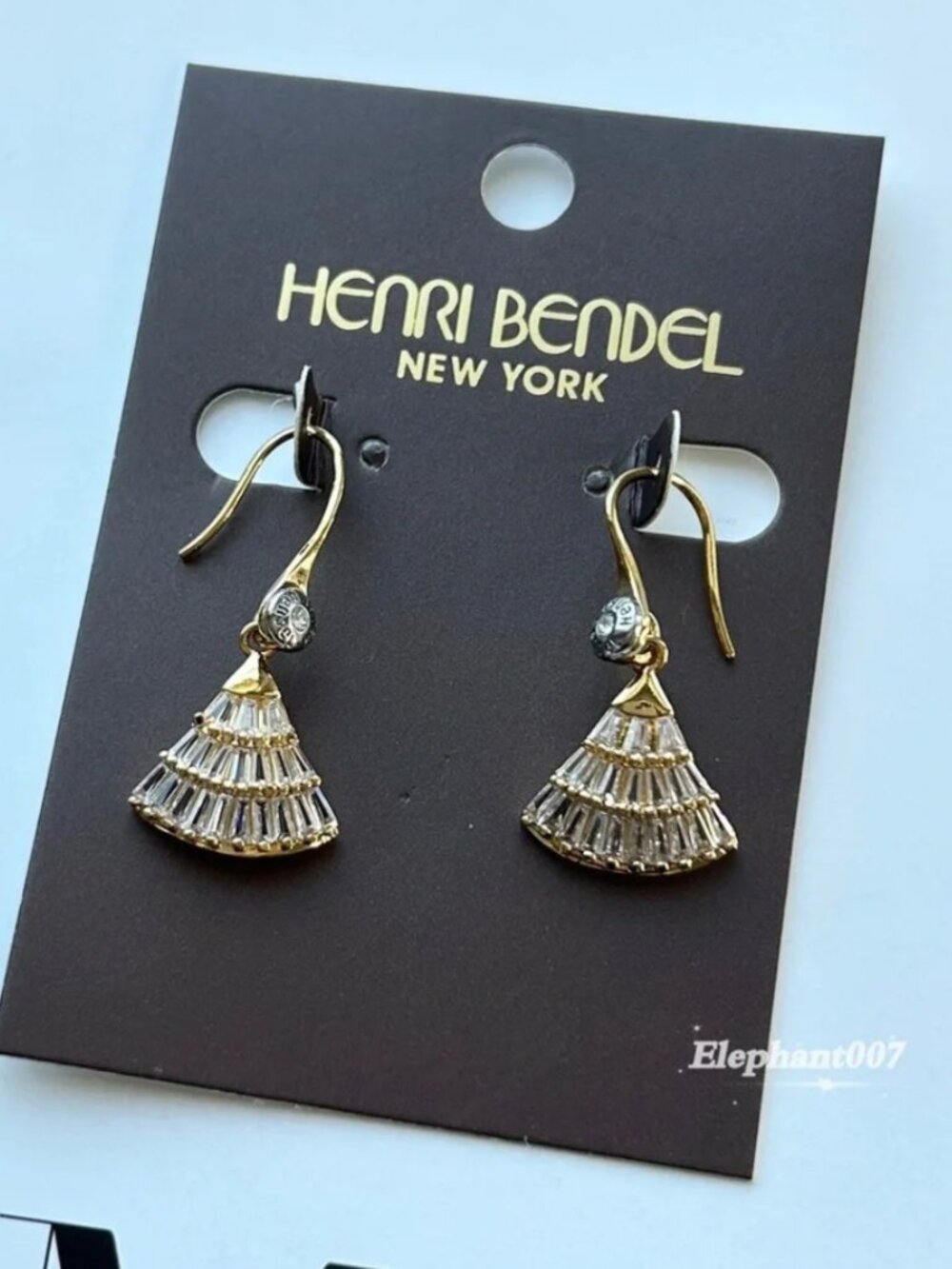Henri Bendel Art Deco Crystal Fan Drop Earrings Gold Tone Rhinestone Earrings